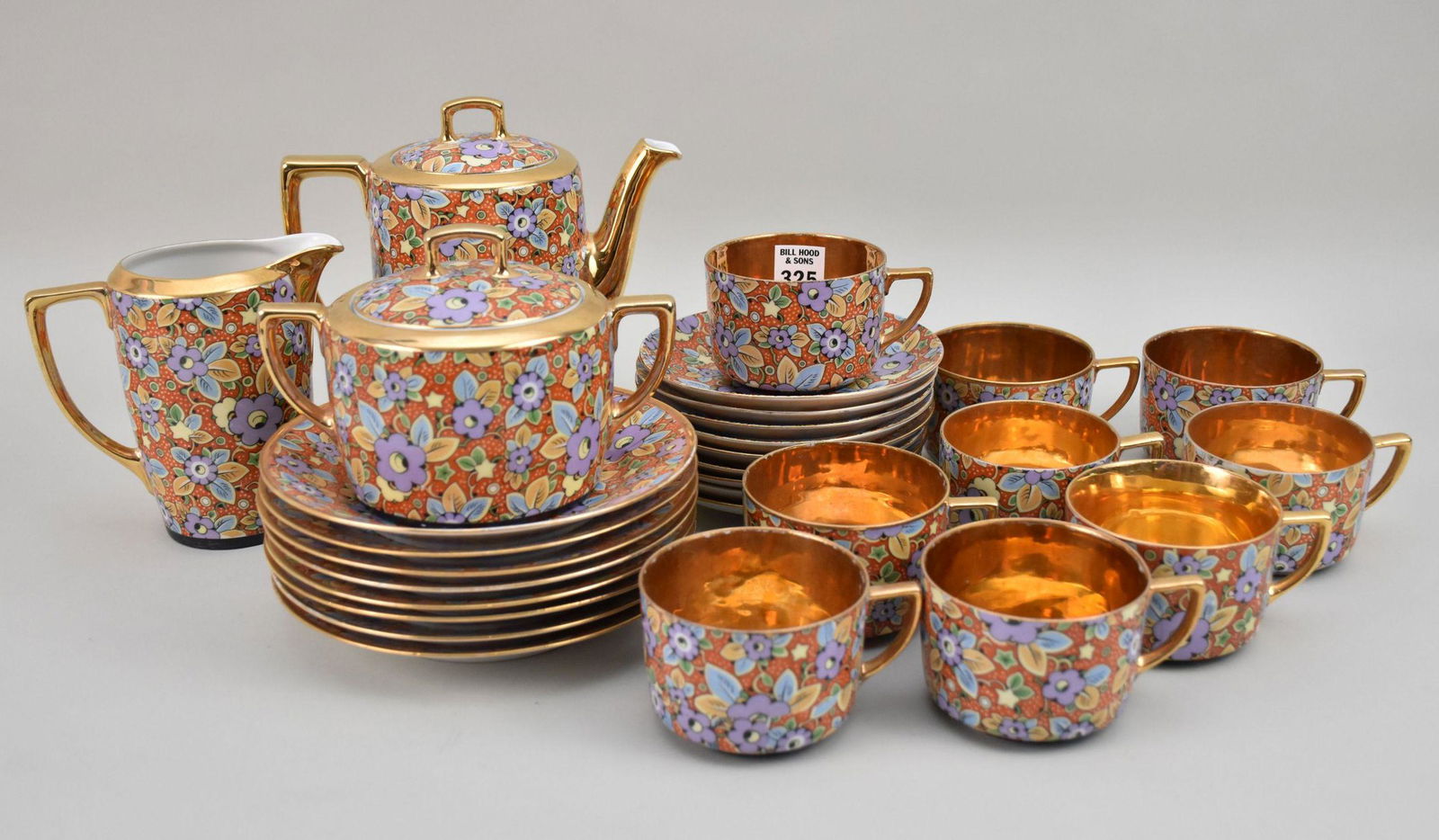 Czech Dessert/Tea Set, Floral with Vermeil Wash Interior, 9 Cups, 9 Saucers,  8 Plates, Teapot, (1 of 5)