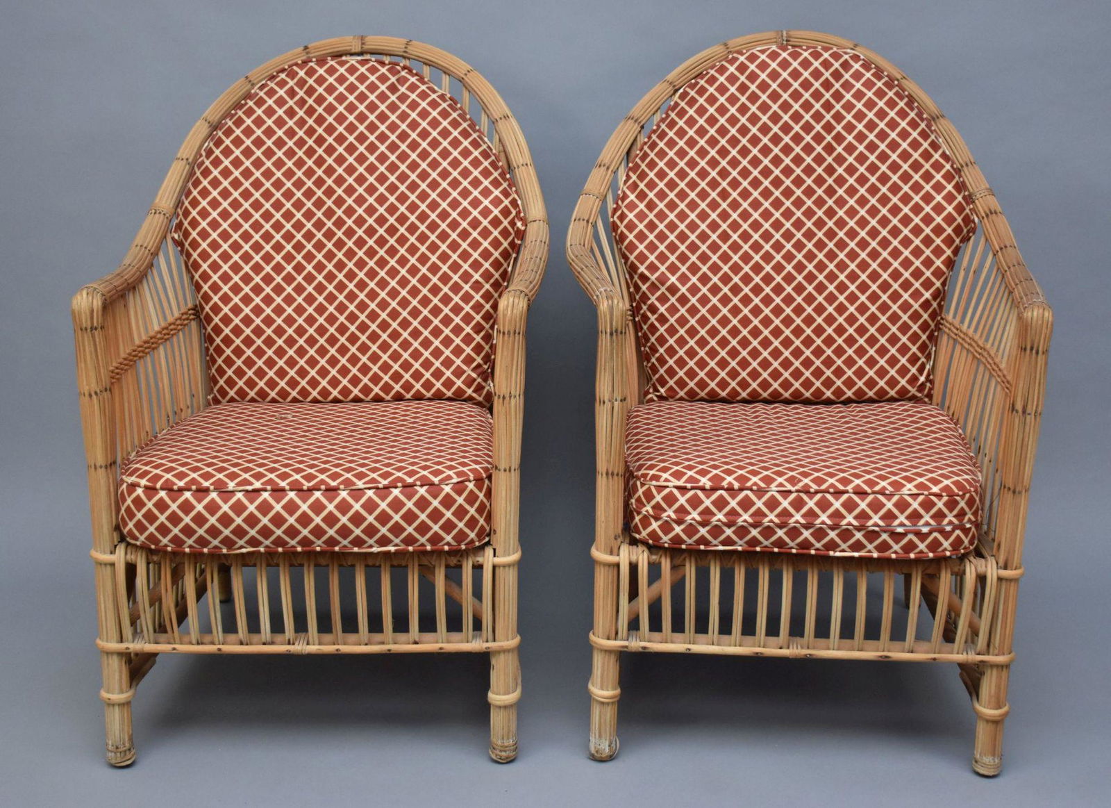 Pair Vintage Reeded Armchairs with Lattice Design Upholstered Pillows (1 of 4)
