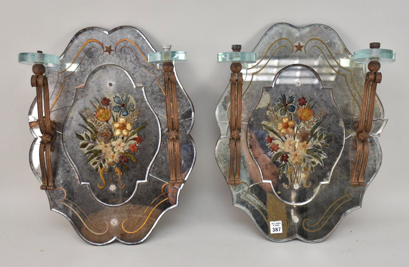 Pair Vintage Hand Painted Mirrored Double Branch Wall Sconces, 19"h (needs restoration): Pair Vintage Hand Painted Mirrored Double Branch Wall Sconces, 19"h (needs restoration)