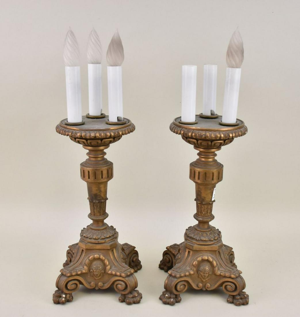 Pair Gilded Wood 3 Light Lamps (needs rewiring), base - 13 3/8" h. (1 of 5)