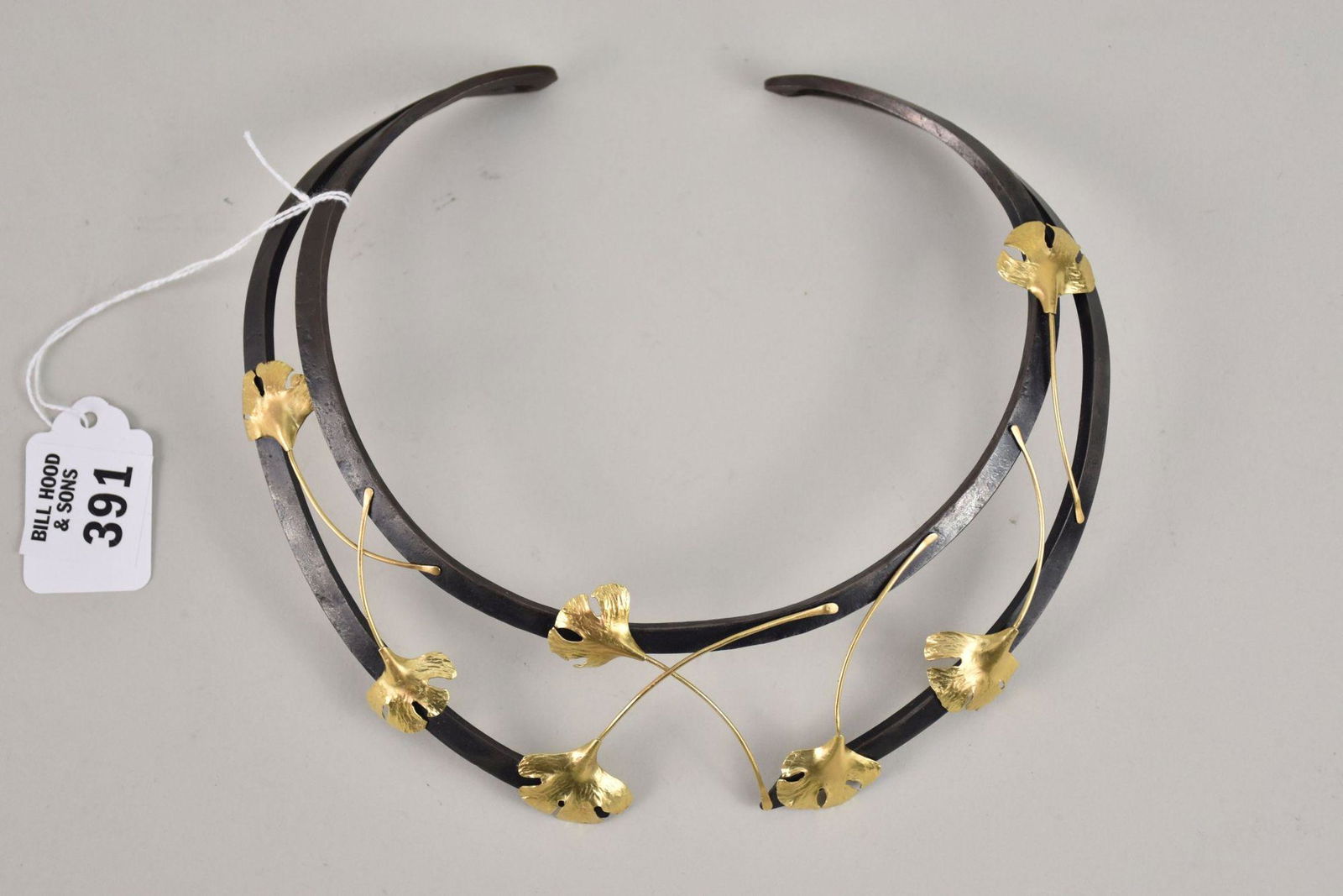 Jaclyn Davidson Design Steel & 14K Gold Collar Necklace 15" with 1 7/8" opening and 2.25" at its (1 of 3)