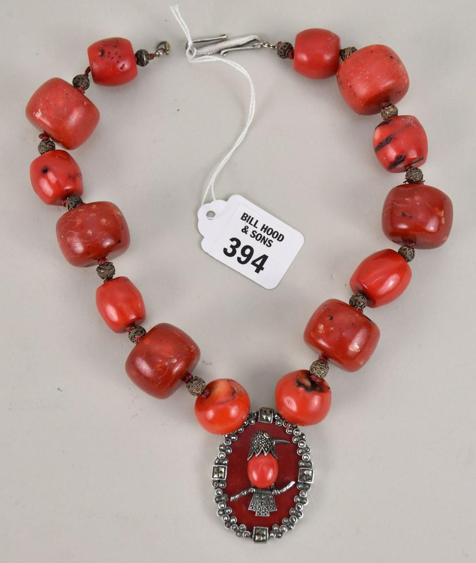 Sterling Silver Necklace with Bamboo Coral & Bakelite Beads,18" Sterling & Marcasite Pendent Bird: Sterling Silver Necklace with Bamboo Coral & Bakelite Beads,18" Sterling & Marcasite Pendent Bird Motif