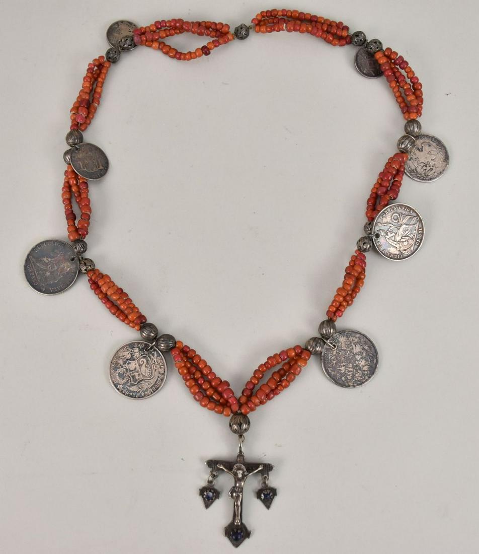 Handcrafted " Chachal" Vintage Red Glass Bead & Antique Coral & Coin Necklace. 30". 3 strands coral (1 of 7)