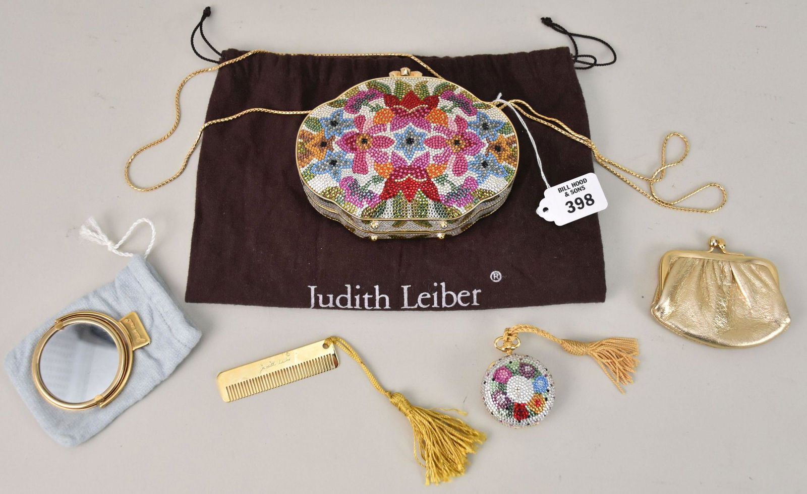 Judith Lieber Multicolor Beaded Purse with Mirror Change Purse & Comb. Floral Motif 5 5/8" x 4.5" (1 of 4)
