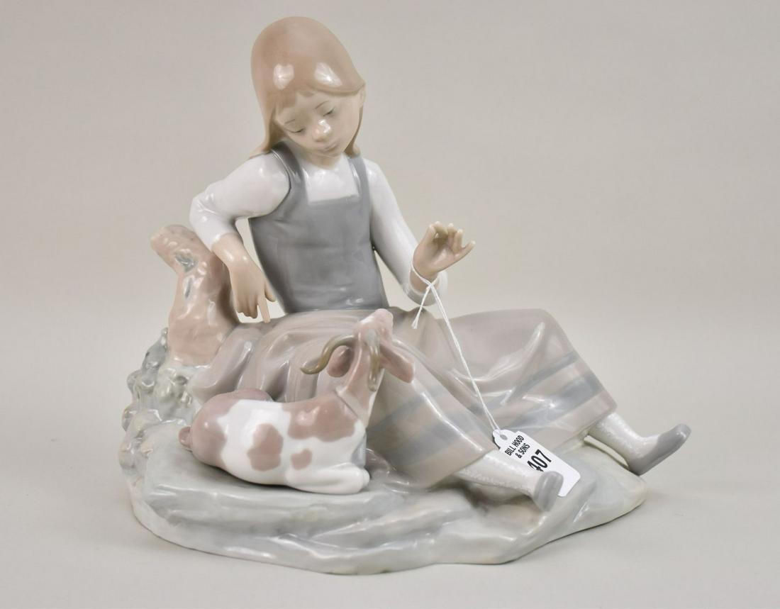Large Lladro Figurine "Girl with Goat" #4756  - Spain. Porcelain figurine of a girl reclining on a (1 of 7)