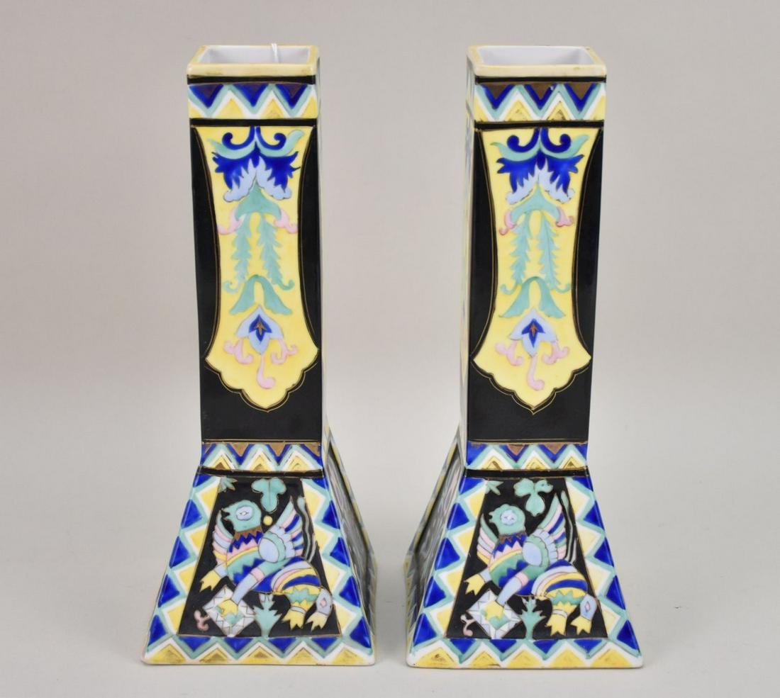 Pair Nippon Japan Porcelain Vases - A pair of rectangular vases with triangular bases. Decorated in (1 of 4)