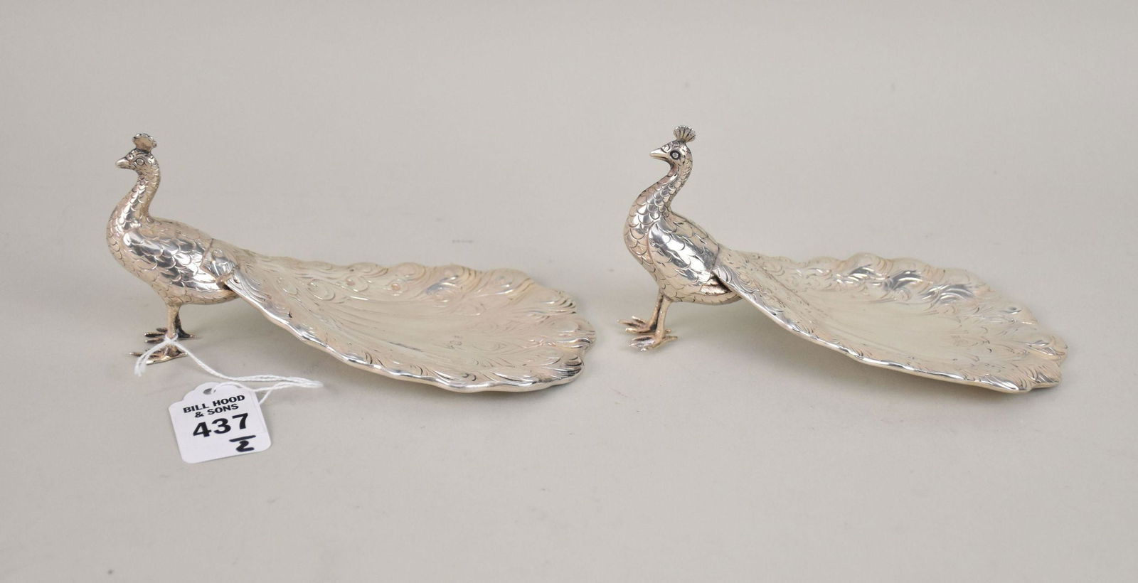 Pair of Silver Peacock Trinket Dishes - with foreign silver assay marks on tail. Approximately 5 (1 of 4)
