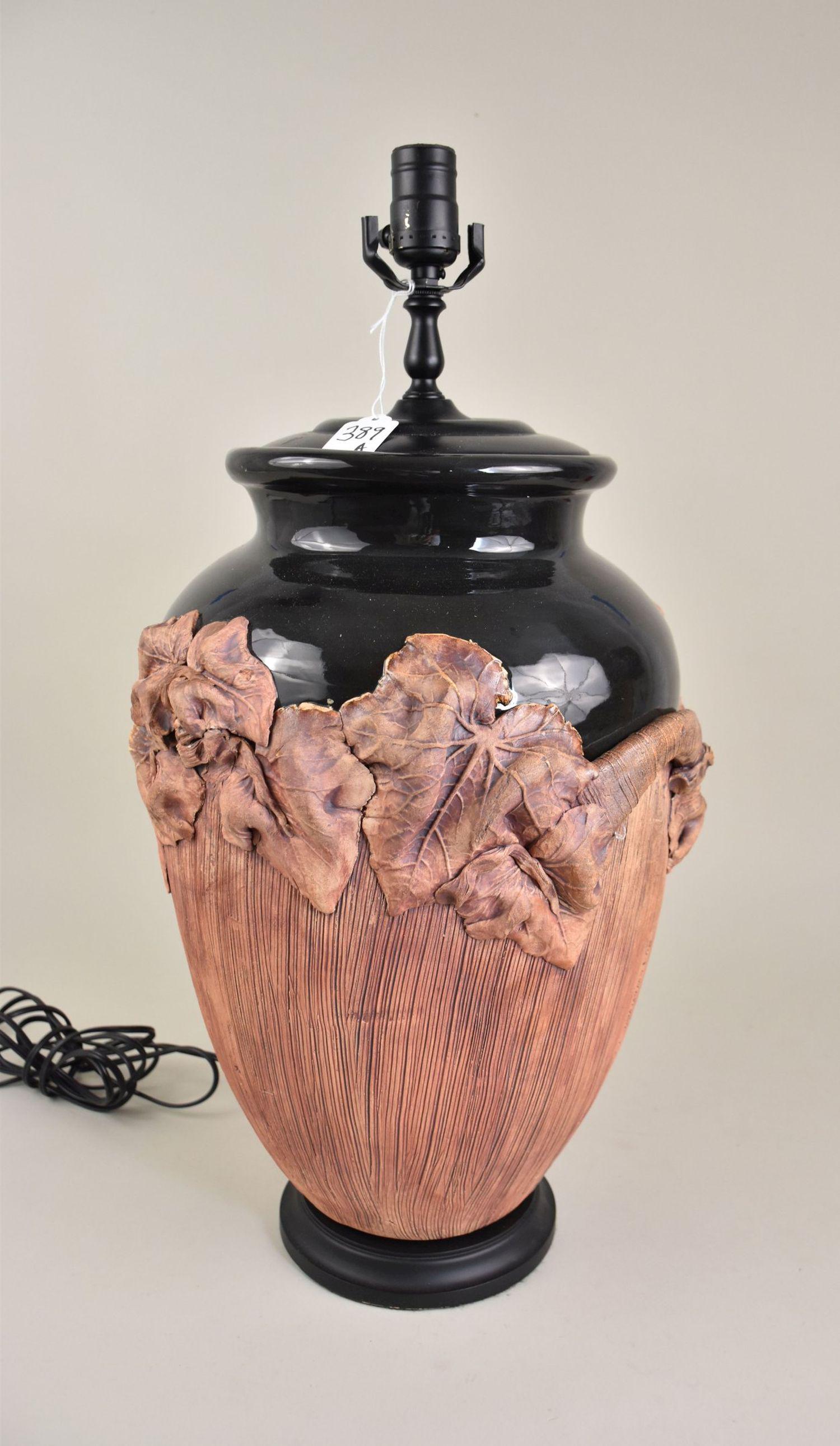 Terracotta Pottery Lamp and 11" Plate- a ceramic vase-form lamp base with a glazed black body and (1 of 10)