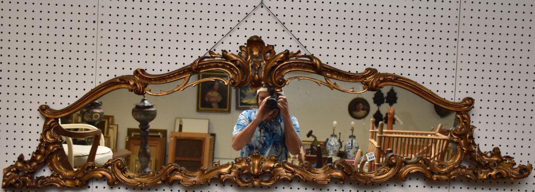 Gilded Carved Scroll & Leaf Framed Mantle Mirror, 19"h x 60"w  (as is) (1 of 4)