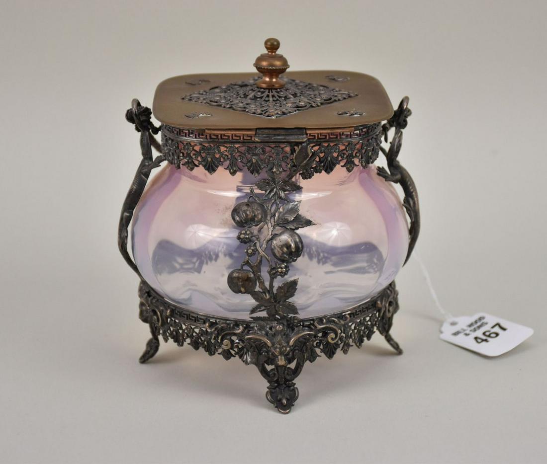 Victorian Covered Sweetmeats Jar - a pink opaline glass jar with ornate reticulated plated brass (1 of 4)