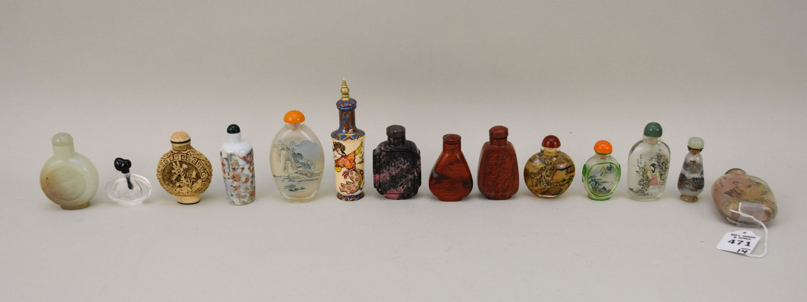 Group of 14 Snuff Bottles of Glass, Stone, & Bone - Grouping of mostly Chinese snuff bottles: Group of 14 Snuff Bottles of Glass, Stone, & Bone - Grouping of mostly Chinese snuff bottles includes: Six (6) reverse painted glass bottles; one carved opaque jade hardstone bottle; (1) hand-painted 