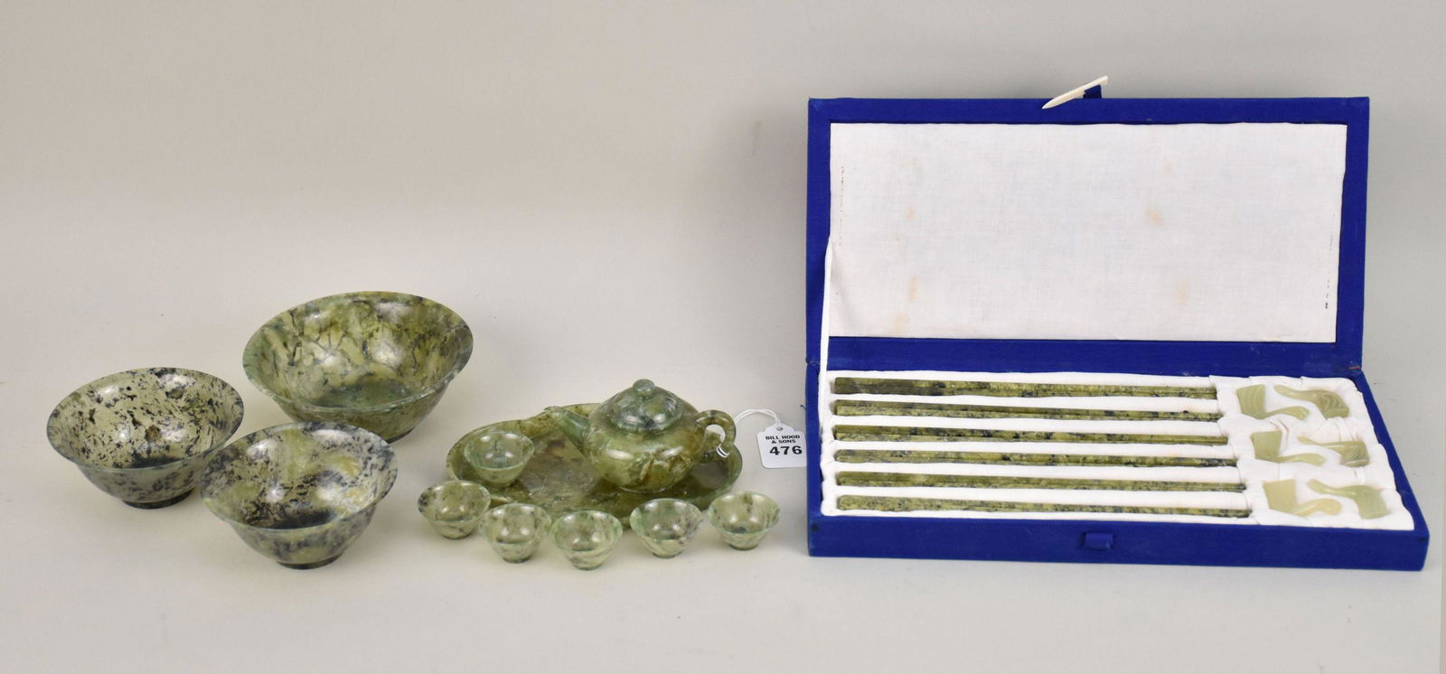 Grouping of Chinese Green Jade Articles - Group Comprising: 2 small 'Spinach Jade" tea bowls; one (1 of 5)