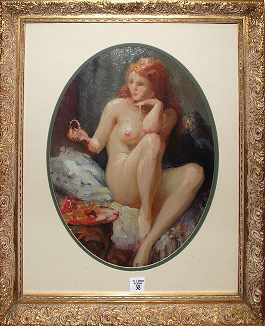 Joseph Tomanek (American 1889 - 1974) oil on board: Joseph Tomanek (American 1889 - 1974) oil on board, oval framed "Nude", 16"x12" Estate Stamp on Verso