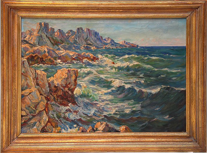 Continental School, Rocky Shoreline signed Illegib: Continental School, Rocky Shoreline signed Illegibly, oil on canvas, 27-1/4" x 36-1/4"