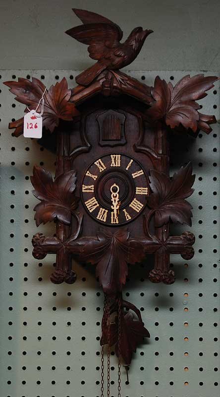 Antique carved Black Forest cuckoo clock, 22"h: Antique carved Black Forest cuckoo clock, 22"h