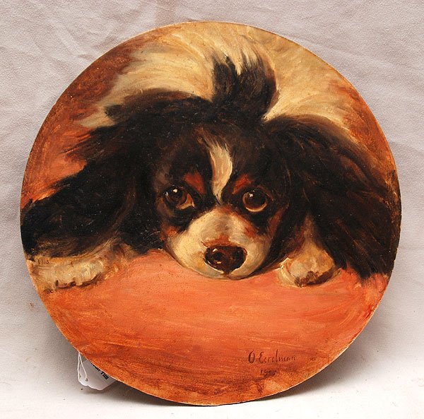Otto Eerelman (DUTCH, 1839-1926) circular oil on c: Otto Eerelman (DUTCH, 1839-1926) circular oil on cardboard, puppy dog, signed & dated 1905 lower right, 12"diameter