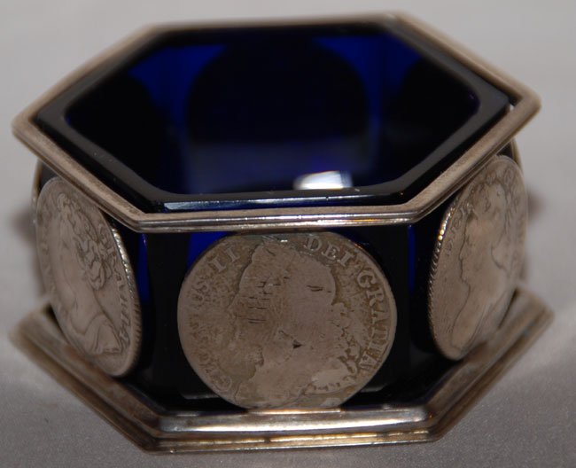 Pair hexagonal shape English sterling open salt ce: Pair hexagonal shape English sterling open salt cellars with coin frame and cobalt liners