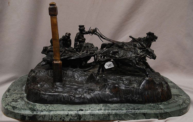 RUSSIAN BRONZE GROUP AFTER VASSILI GRACHEV: A RUSSIAN BRONZE FIGURAL GROUP AFTER VASSILI YACOVLEVICH GRACHEV: THE MILEPOST After Vassili Yacovlevich Grachev (Russian, 1831-1905) bronze approx. 8-1/4 x 16 x 11-1/2 inches, Depicting a Troika with