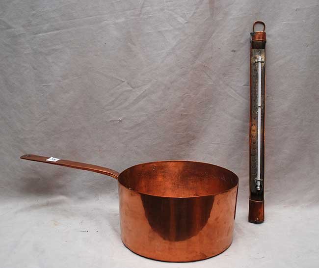 Copper handled cooking pot and thermometer: Copper handled cooking pot and thermometer