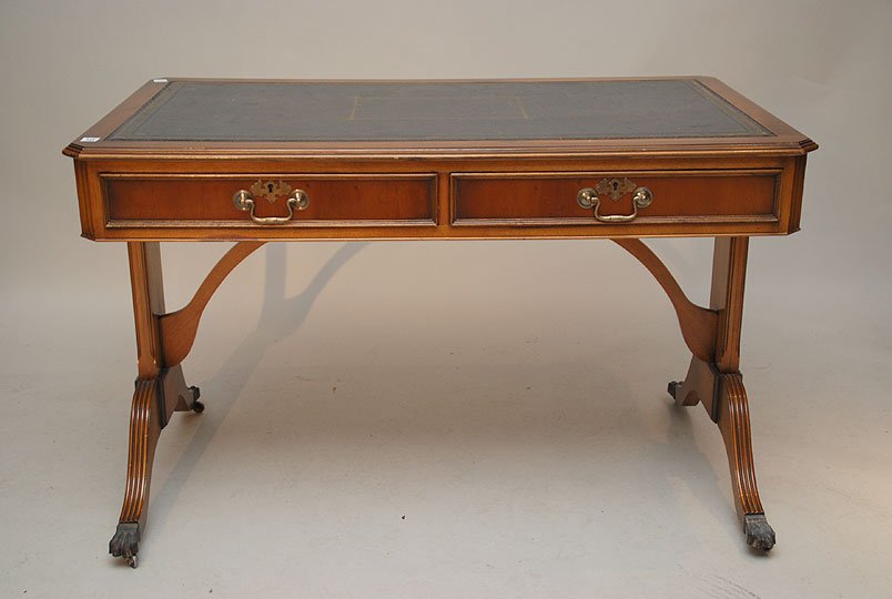 Small partners desk, 20th c. with tool leathered t: Small partners desk, 20th c. with tool leathered top, 29"h x 47"w x 27"d