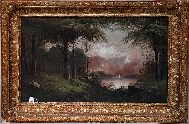 Antique Hudson river school oil on canvas, wooded : Antique Hudson river school oil on canvas, wooded lake with a sailboat, 22"x36"