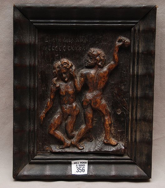 Ancient wood carving, of Cain and Able roman numer: Ancient wood carving, of Cain and Able roman numerals 1641, 8"x6"f