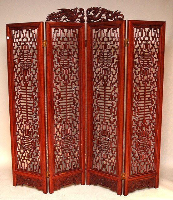 Chinese wood lattice work, 4 panel folding screen,: Chinese wood lattice work, 4 panel folding screen, 72" high x 18" each panel