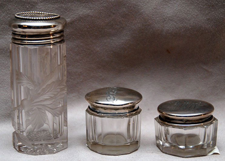 3 glass vanity patch boxes with sterling lids, all: 3 glass vanity patch boxes with sterling lids, all with monograms
