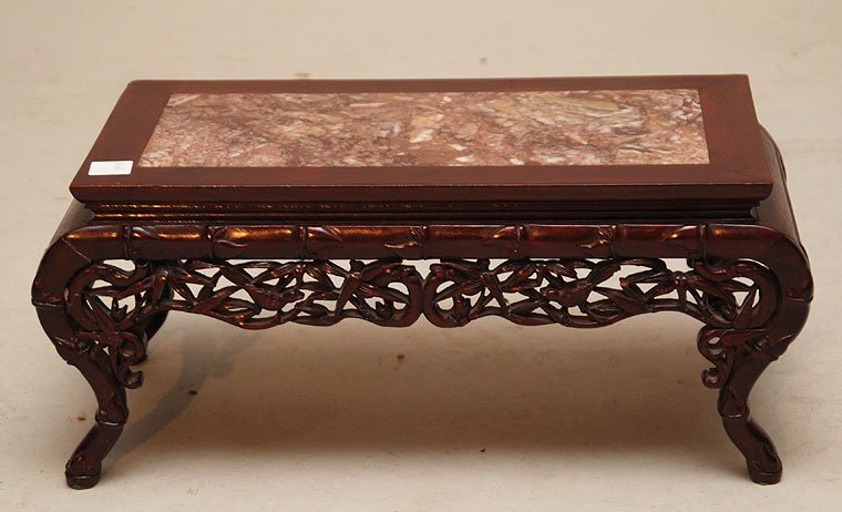 Chinese stool with marble insert, 8"h x 17"w x 9"d: Chinese stool with marble insert, 8"h x 17"w x 9"dia