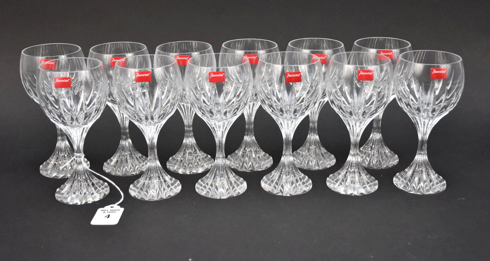 12 Baccarat France "Massena" White Wine Glasses - Approx. 6" h. 12 white wine or claret glass. All: 12 Baccarat France "Massena" White Wine Glasses - Approx. 6" h. 12 white wine or claret glass. All with original boxes. Marked with Baccarat acid-etched insignia and decal. Condition: Excellent in unu