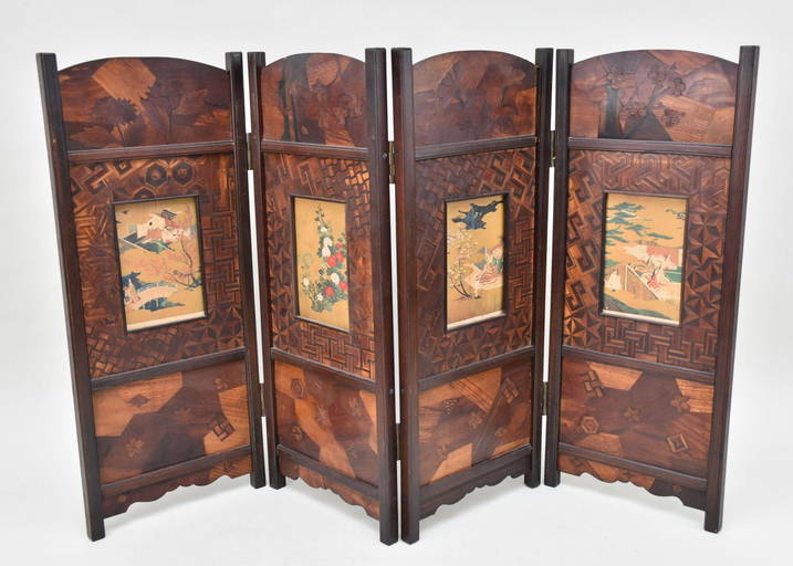Antique Japanese Inlaid Wood Four Panel Table Screen A Japanese Table