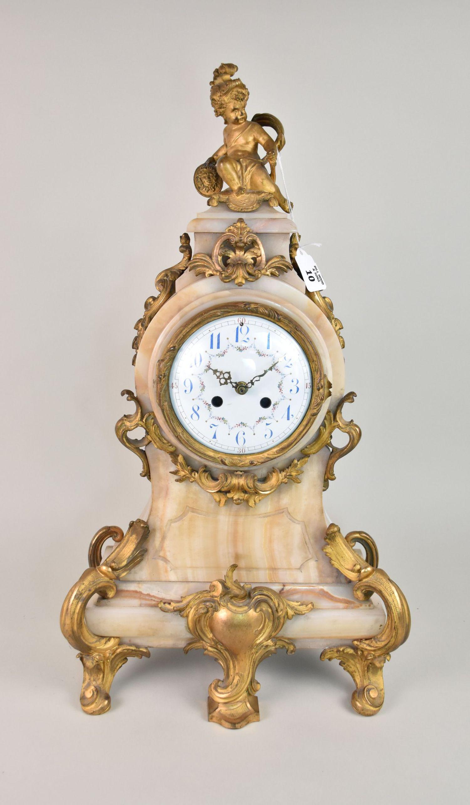 19th c. Marble Mantle Clock with Gilt Metal Mounts, 24"h x 13"w  as is- has quartz replacement but (1 of 12)