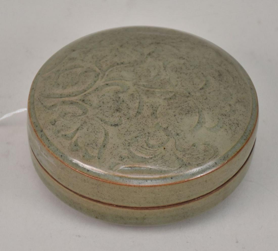 Chinese Olive Green Celadon Porcelain Box - A round covered box made from iron-rich stoneware (1 of 3)