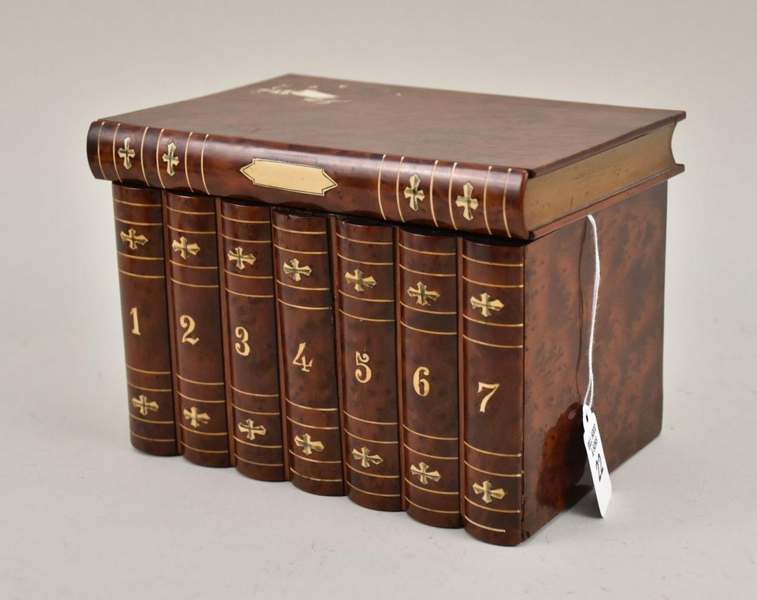Antique Burlwood Book-Form Trinket Box - A burlwood veneer box in 8 volume book-form. With inlay to (1 of 9)