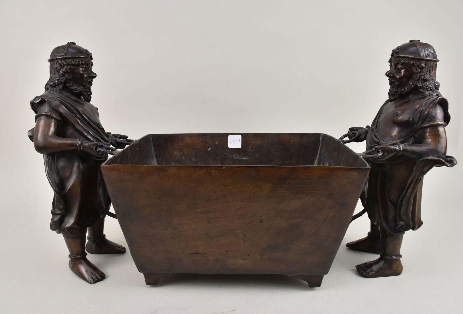 Decorative Bronze Figural Planter - A heavy patinated bronze rectangular planter flanked by two (1 of 5)