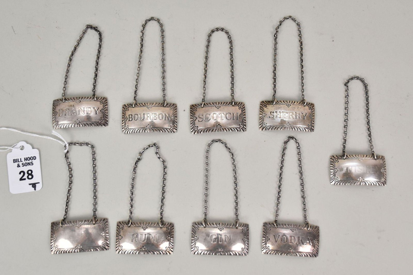 9 Stieff Sterling Williamsburg Liquor Labels - c. 1940s. Sterling silver decanter labels by Stieff, (1 of 8)