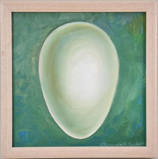 Clarence Holbrook Carter (American 1904-2000), oil on canvas, contemporary painting-green with white: Clarence Holbrook Carter (American 1904-2000), oil on canvas, contemporary painting-green with white egg shape, Signed LR