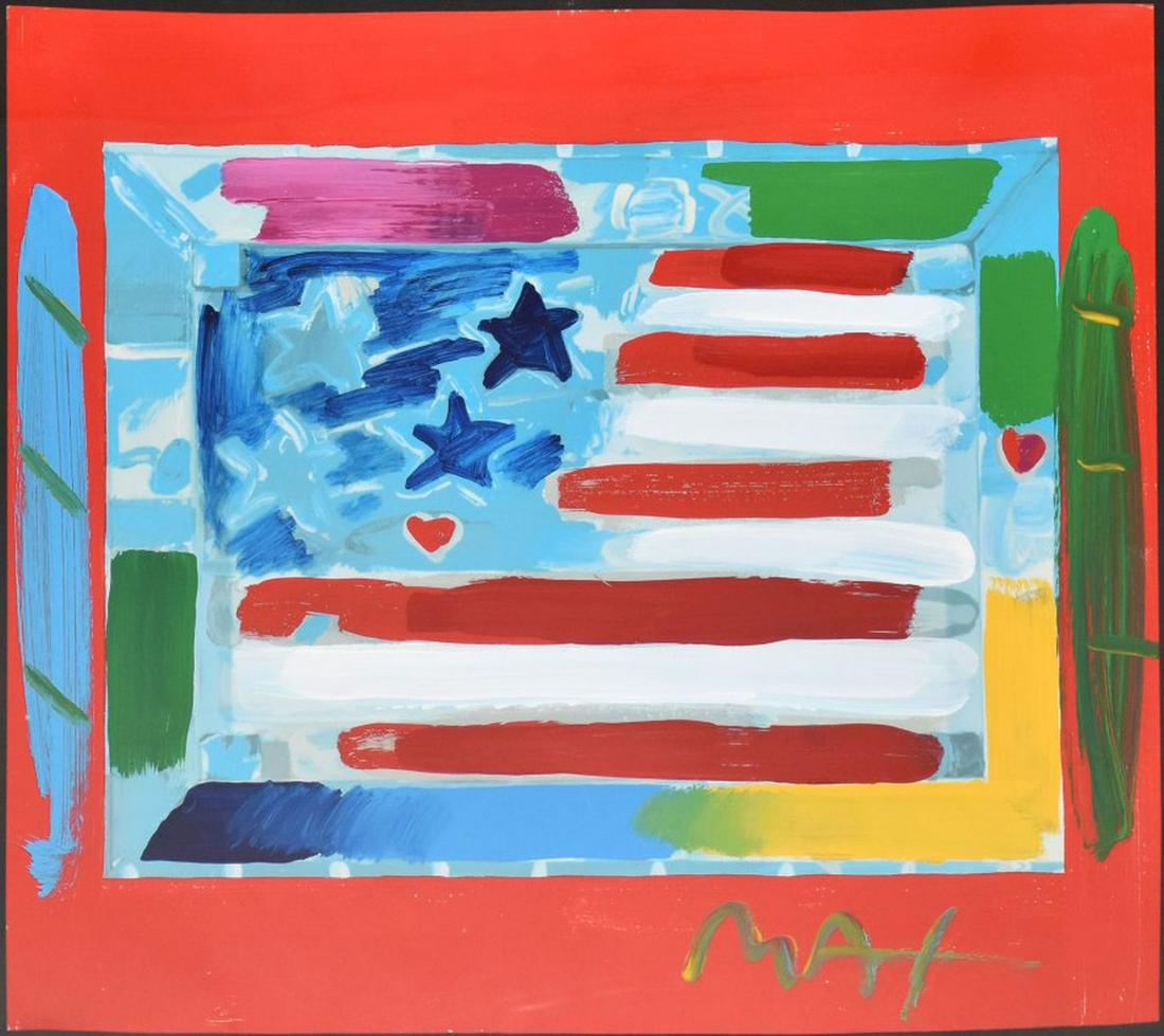 Peter Max (American, b. 1937) Pop Art American Flag with Hearts, mixed media - acrylic paint over (1 of 10)