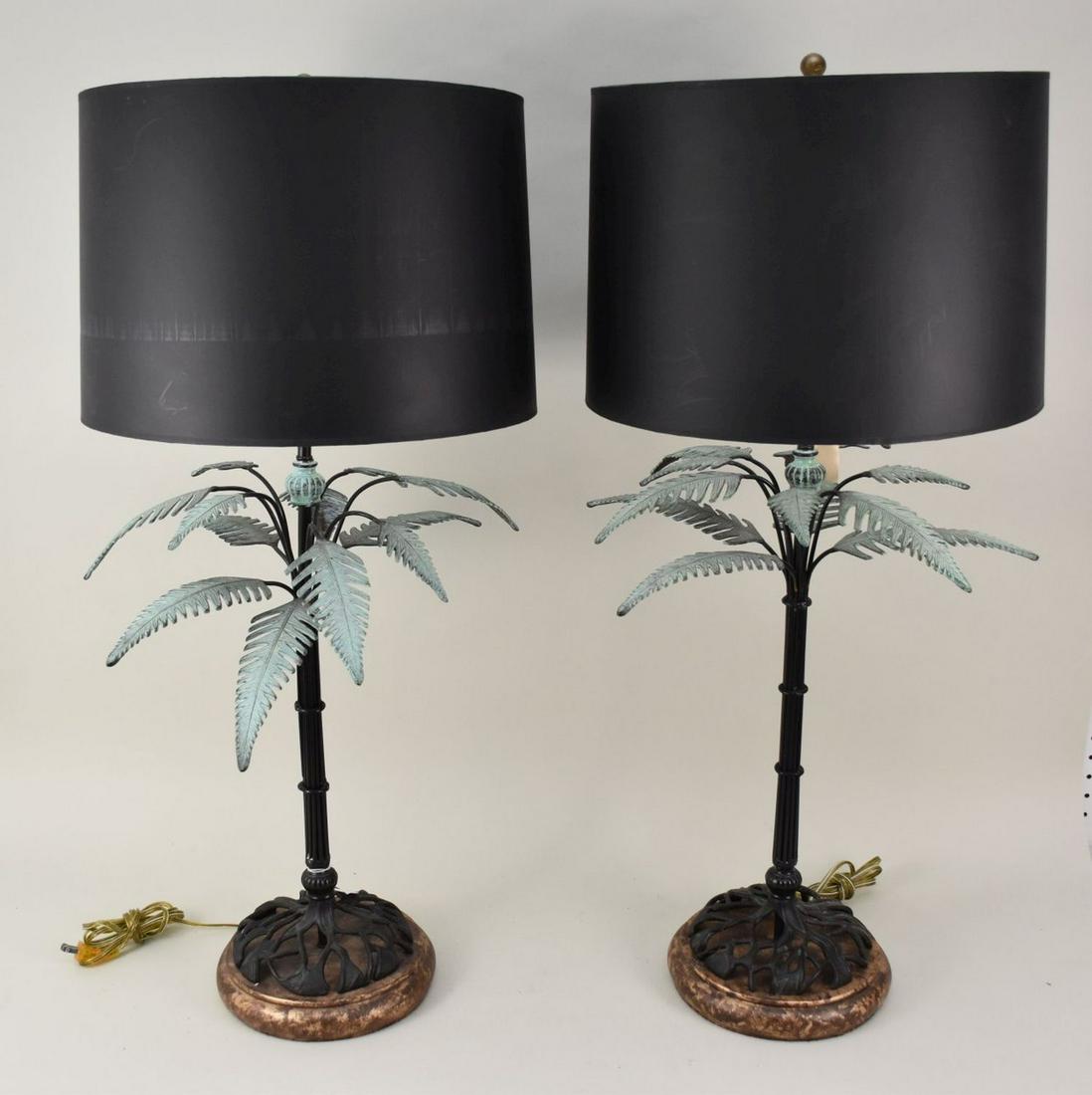Pair Decorative Palm Tree Lamps with Verdigris Palm Fronds, 35"h  to top of harp (1 of 6)