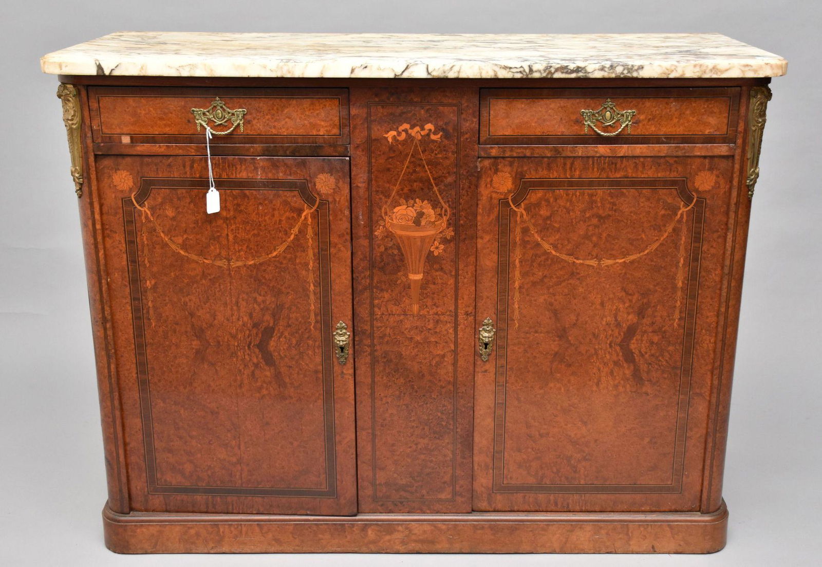 French 19th c. Small Sideboard with Inlay, 2 Drawers Over 2 Doors, Gilt Metal Mounts and Marble Top, (1 of 9)