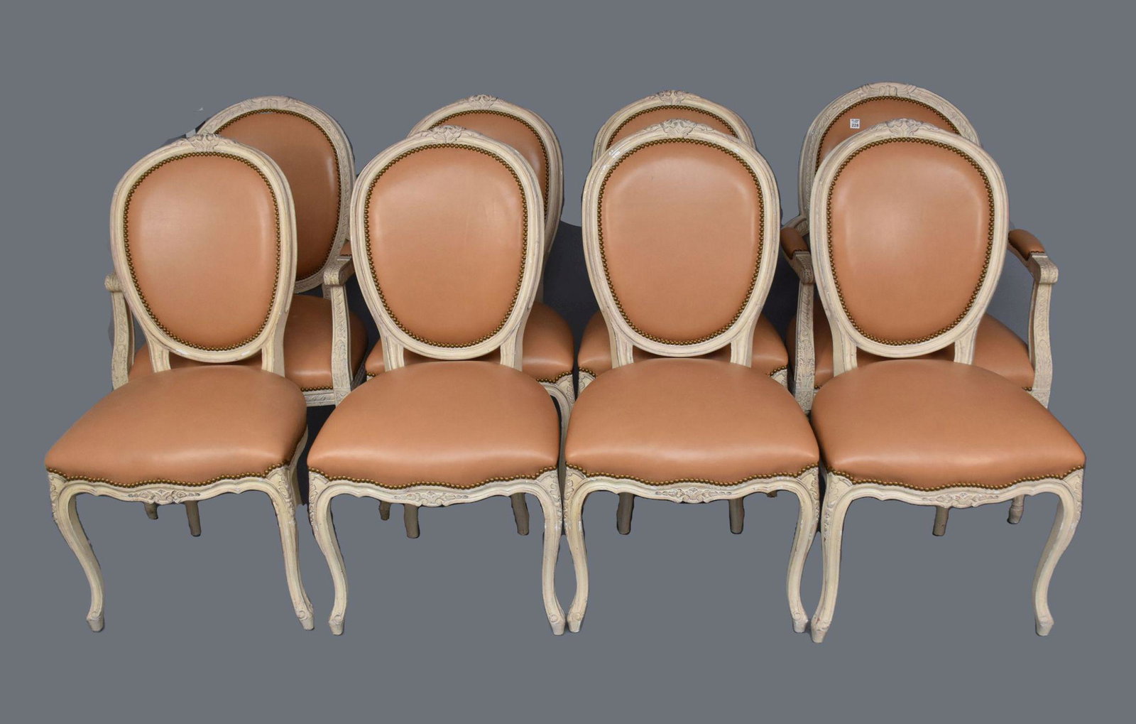 8 Carved White Wash Oval Back Chairs, Leather Upholstery with Nail Head Design, 2 Arm, 6 Side (1 of 5)