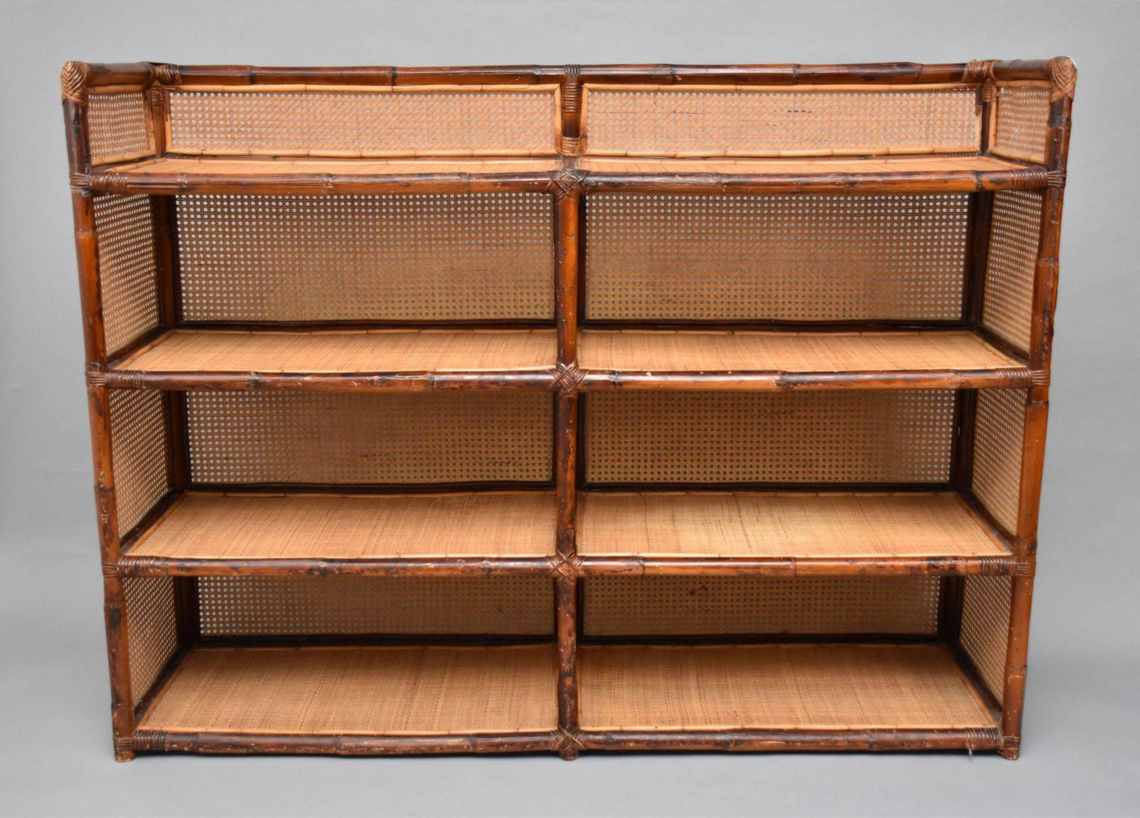 Vintage Ratan 4 Tier Bookcase, Caned Woven Shelving, 47"h X 63"w Auction