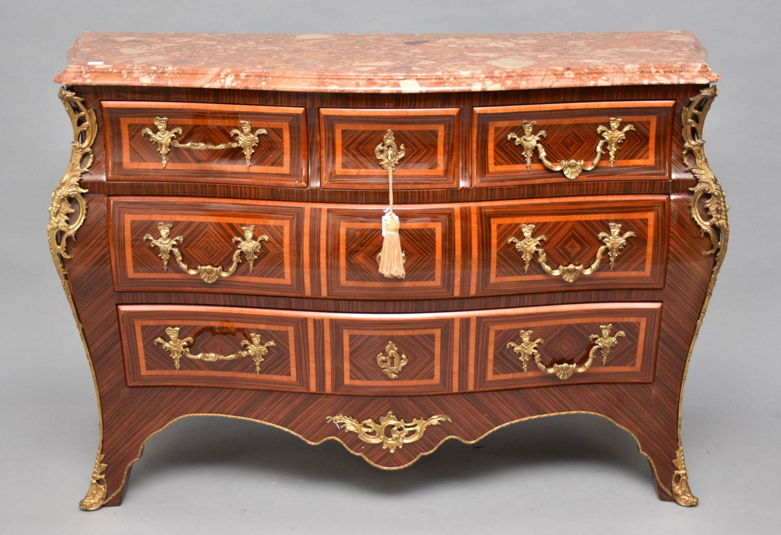 Fine French 3 Drawer Reproduction, Inlay with Gilt Metal Accents with Marble Top 34"h x 46"w (1 of 7)