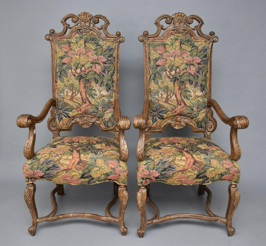 Pair Baroque Style Carved Chairs, Tapestry Type Upholstery, 55"h x 26"w x 20"d (1 of 4)