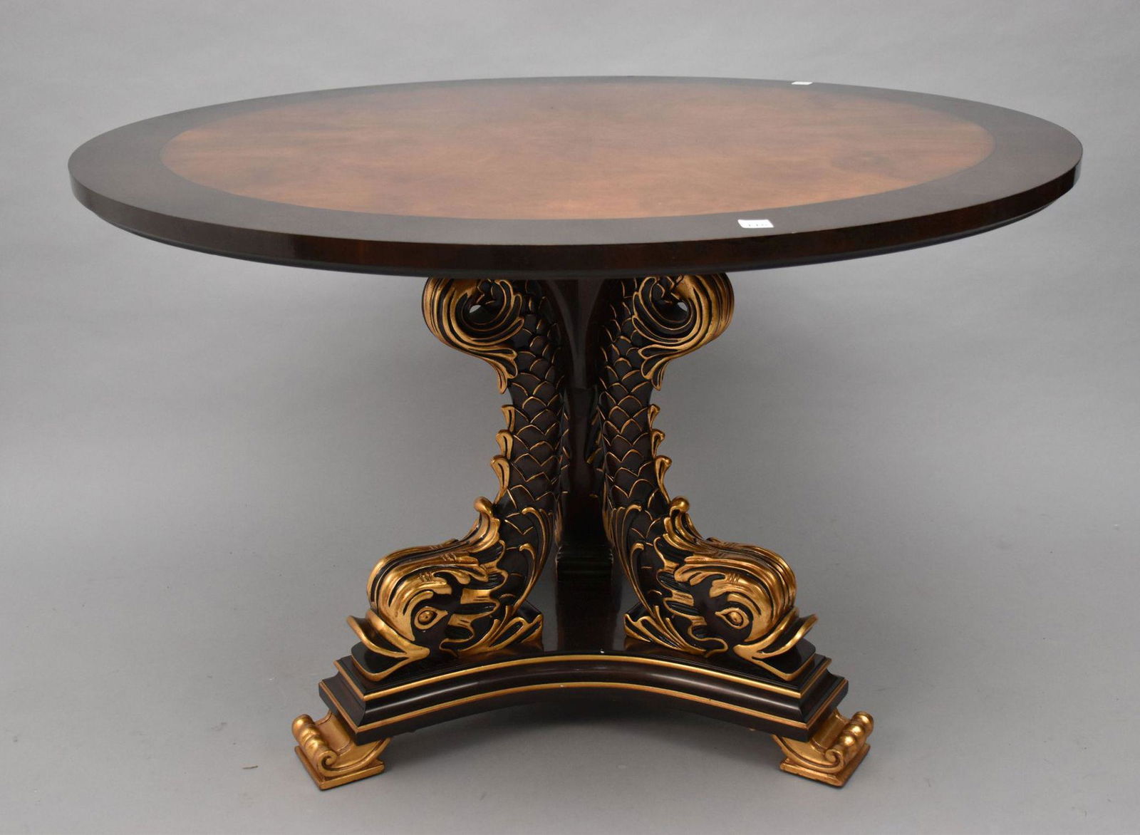 Karges Mahogany Inlay Table with Trifed Base, Dolphin Motif, 29"h x 44"d serial 35486 (1 of 8)