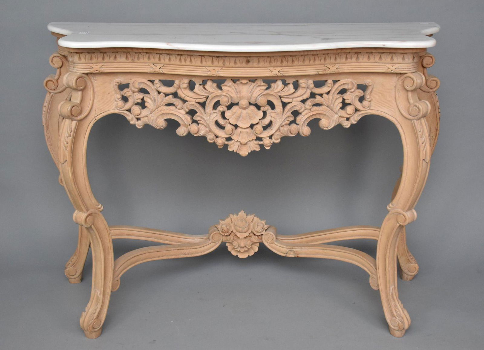 Natural Wood French Carved Console with Marble Top, 32"h x 49"w x 20"d (1 of 4)