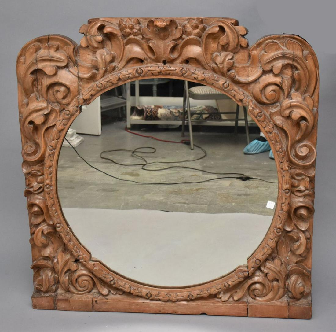 Heavily Carved Foliate & Floral Framed Round Mirror, Overall 45"h x 42"w, Mirror 32"h x 32"w (1 of 4)