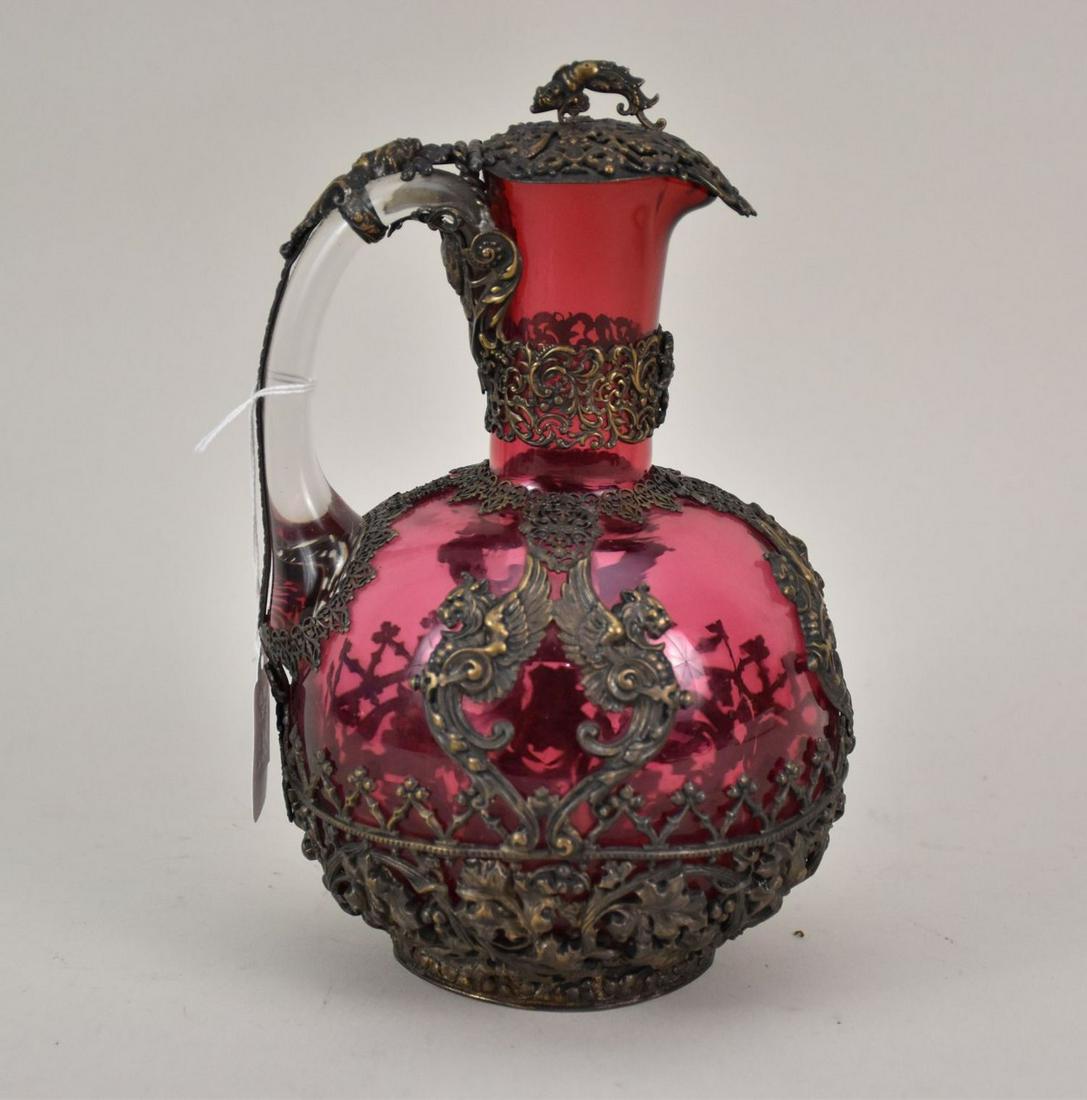 Victorian Ruby Glass Claret Jug with Ornate Brass Overlay - An antique ruby glass decanter, polished (1 of 8)