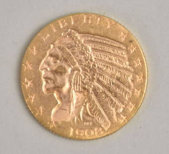1908 Indian Head Gold $5 Half Eagle Early Gold Coins Mintage: 578,012 Minted at: Philadelphia (No: 1908 Indian Head Gold $5 Half Eagle Early Gold Coins Mintage: 578,012 Minted at: Philadelphia (No Mint Mark) Designer - Engraver: Bela Lyon Pratt Metal Composition: 90% Gold - 10% Copper Diameter: 21.