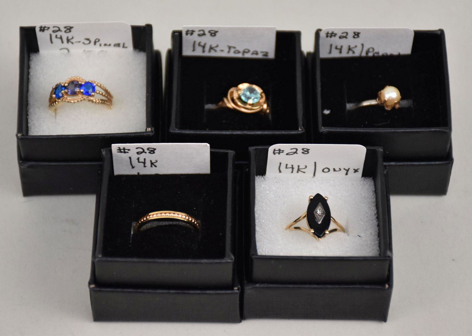 Lot of 5 Vintage Gold Rings, 14kt, Topaz, Diamond, Spinel, Onyx and Pearl, Sz. 5 to 5 3/4, Total (1 of 9)